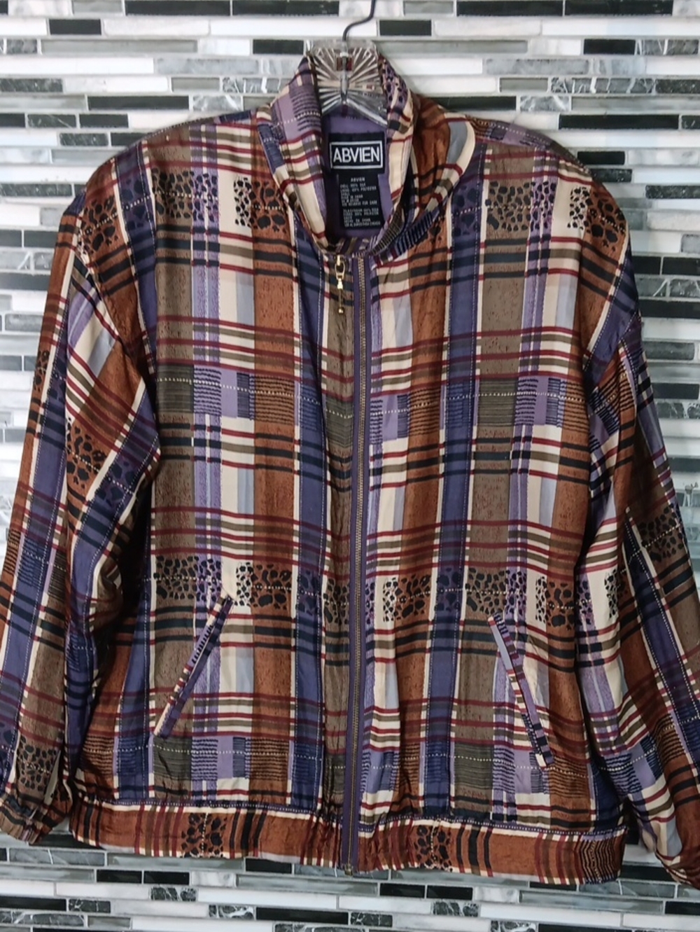 Vintage Silk Plaid & Cheetah Print Full Zip Shacket Abvien Small Layers Momcore